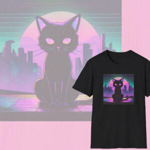 Moonlit Whiskers Tee, Black Cat Under Pink Skies Graphic T-Shirt
