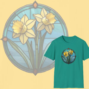 Wearable Art, Stained Glass Daffodil Design T-Shirt, Flower Lovers Tee
