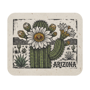 Arizona Saguaro Bloom Mousepad | Vintage Linocut Desert Art Gift