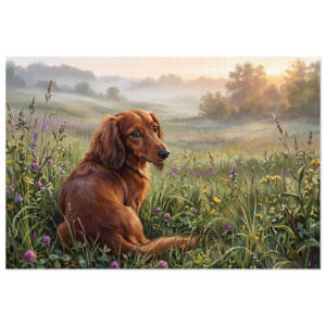 Longhaired Dachshund Sunrise Meadow Jigsaw Puzzle with Gift Tin