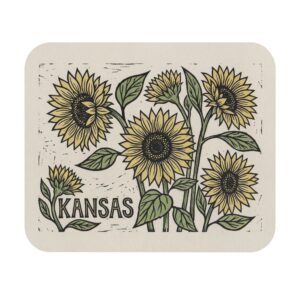 Kansas Sunflower Block Print Mousepad | Vintage Linocut Botanical Desk Mat