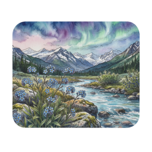Aurora Borealis Mountain Desk Mat - Alaska Forget-Me-Not Flower Mousepad