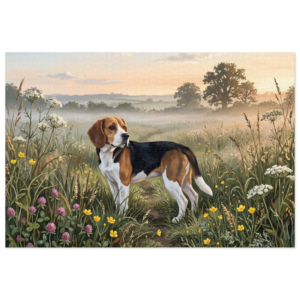 Beagle Misty Field Sunrise Jigsaw Puzzle in Keepsake Storage Tin